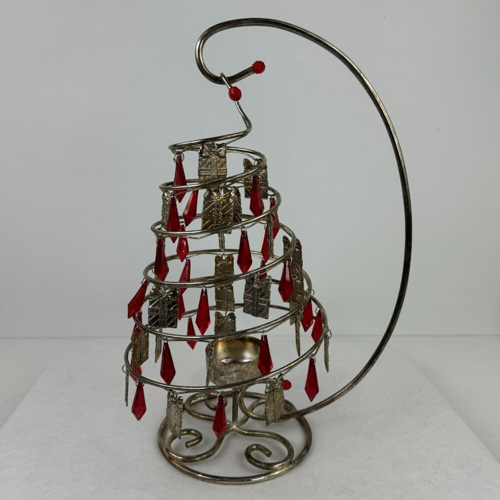 Vintage Spiral Dangle Christmas Tree Candle Holder Silver Tone Metal Red Charms